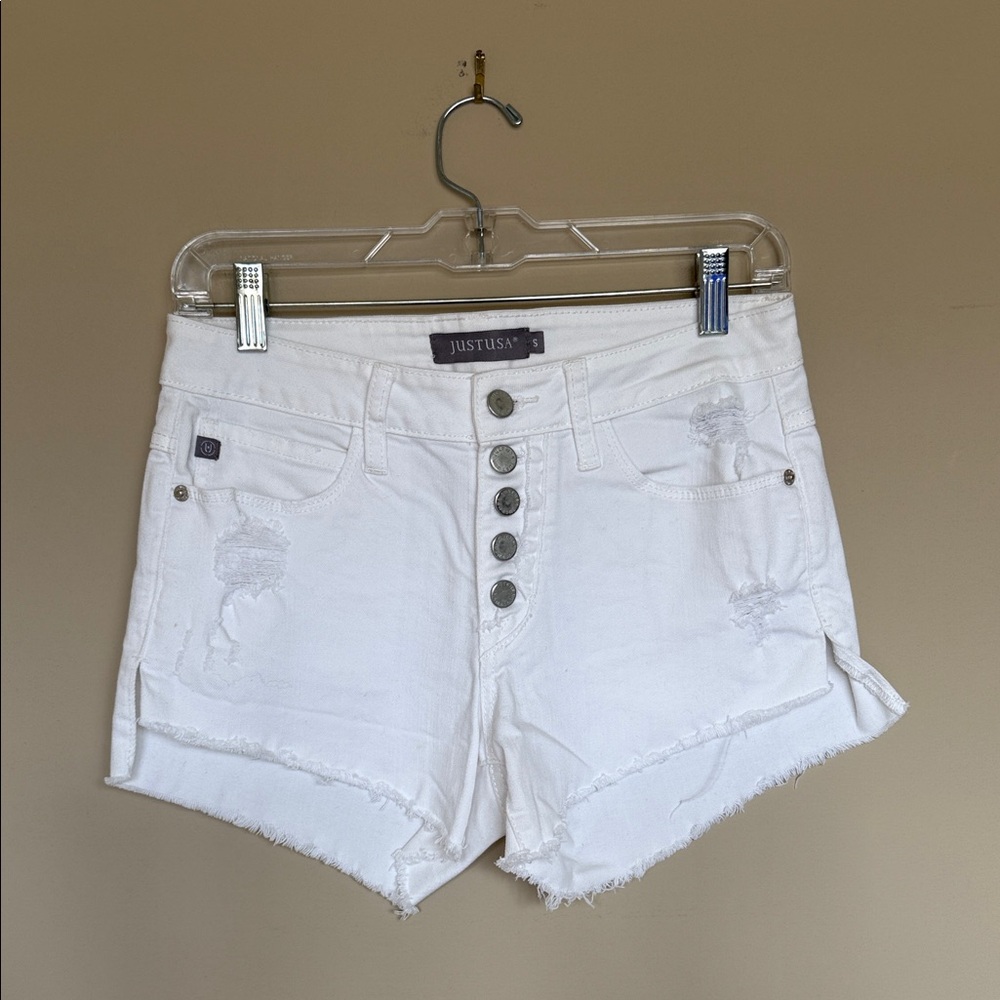 Just USA Women's White Button-Fly Distressed Jean Shorts